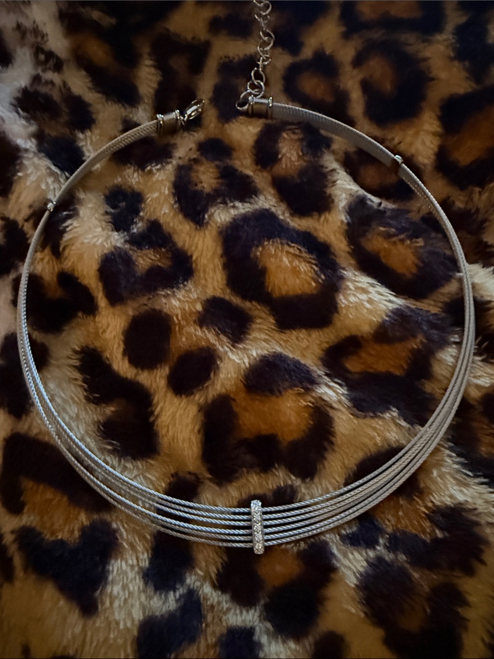 Multi-Strand steel Choker Necklace with diamond bar